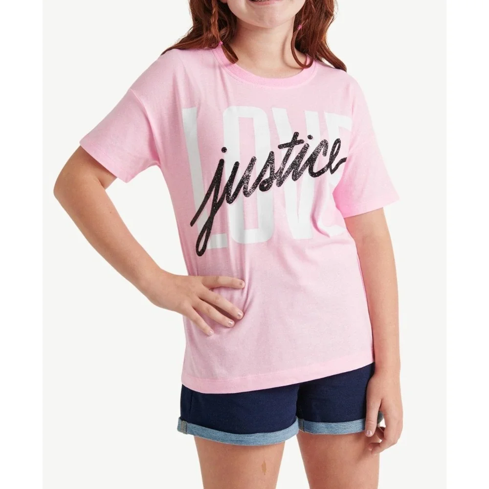 Justice Girls Graphic Table Tee Size L(12-14) Pink Pullover Relaxed Fit Crewneck